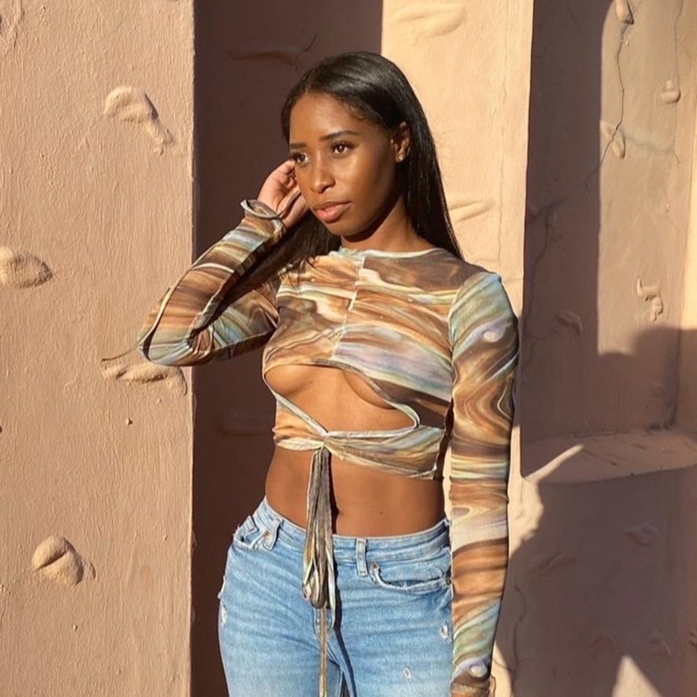 SXY long sleeve sheer crop tie top